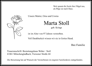 Todesanzeige von Marta Stoll von Rheinische Post