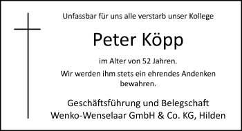 Todesanzeige von Peter Köpp von Rheinische Post