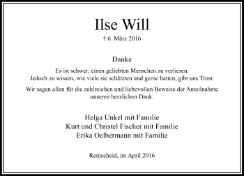Todesanzeige von Ilse Will von Rheinische Post