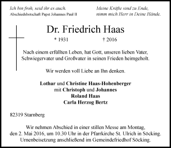 Todesanzeige von Friedrich Haas von Rheinische Post