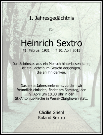 Todesanzeige von Heinrich Sextro von Rheinische Post