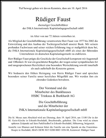 Todesanzeige von Rüdiger Faust von Rheinische Post