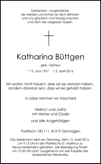 Todesanzeige von Katharina Büttgen von Rheinische Post
