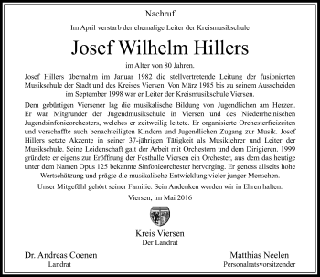 Todesanzeige von Josef Wilhelm Hillers von Rheinische Post