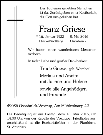 Todesanzeige von Franz Griese von Rheinische Post