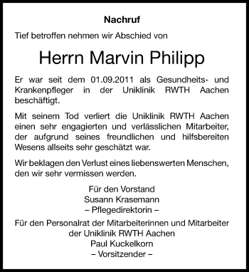 Todesanzeige von Marvin Philipp von Rheinische Post