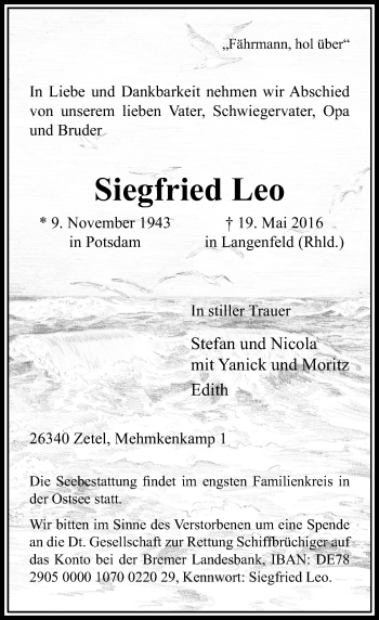 Todesanzeige von Siegfried Leo von Rheinische Post