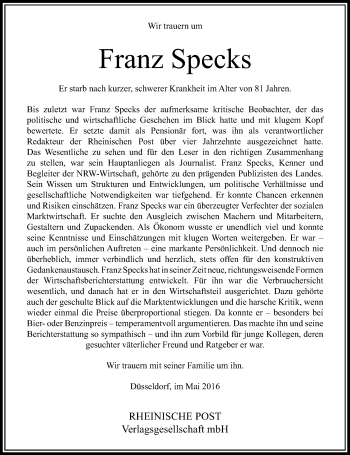 Todesanzeige von Franz Specks von Rheinische Post