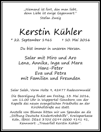 Todesanzeige von Kerstin Kühler von Rheinische Post