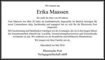 Todesanzeige von Erika Maassen von Rheinische Post