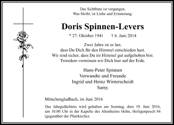 Todesanzeige von Doris Spinnen-Levers von Rheinische Post