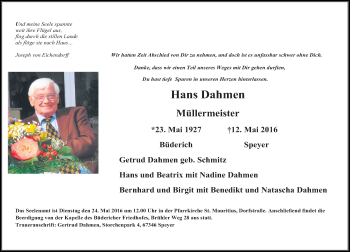 Todesanzeige von Hans Dahmen von Rheinische Post