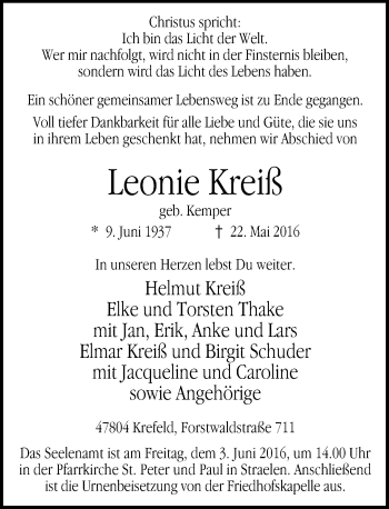 Todesanzeige von Leonie Kreiß von Rheinische Post