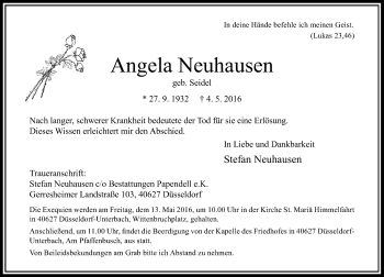 Todesanzeige von Angela Neuhausen von Rheinische Post