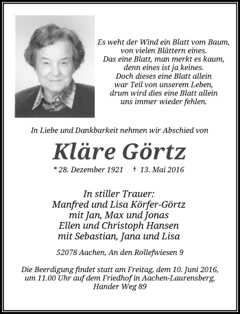 Todesanzeige von Kläre Görtz von Rheinische Post