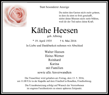 Todesanzeige von Käthe Heesen von Rheinische Post