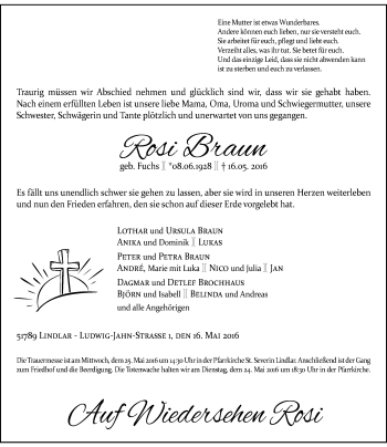 Todesanzeige von Rosi Braun von Rheinische Post