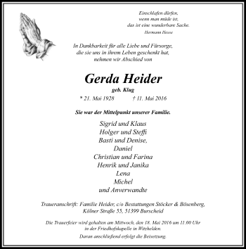 Todesanzeige von Gerda Heider von Rheinische Post