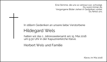 Todesanzeige von Hildegard Wels von Rheinische Post
