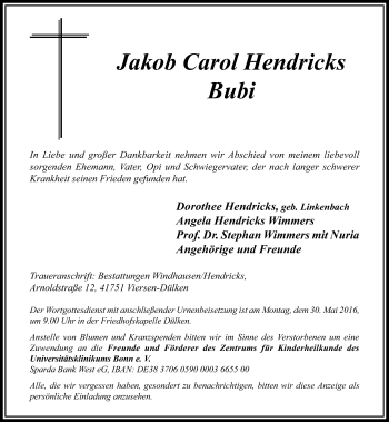 Todesanzeige von Jakob Carol Hendricks von Rheinische Post