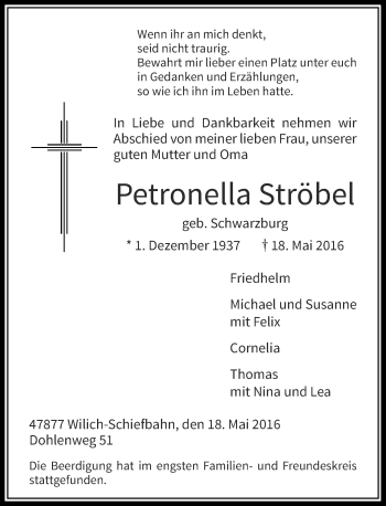 Todesanzeige von Petronella Ströbel von Rheinische Post