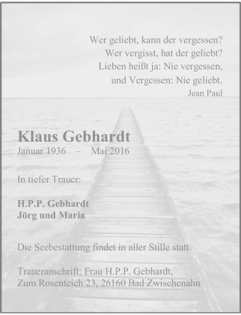 Todesanzeige von Klaus Gebhardt von Rheinische Post