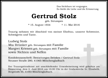 Todesanzeige von Gertrud Stolz von Rheinische Post