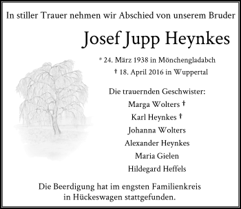 Todesanzeige von Josef Jupp Heynkes von Rheinische Post