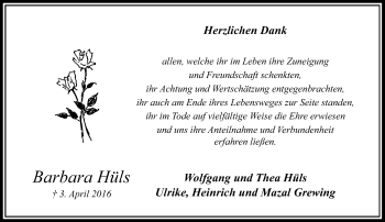 Todesanzeige von Barbara Hüls von Rheinische Post