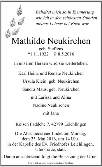 Todesanzeige von Mathilde Neukirchen von Rheinische Post