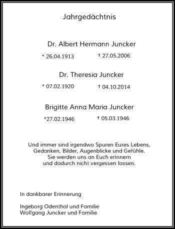 Todesanzeige von Albert Hermann und Theresia  Juncker von Rheinische Post
