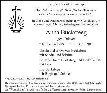 Todesanzeige von Anna Bucksteeg von Rheinische Post