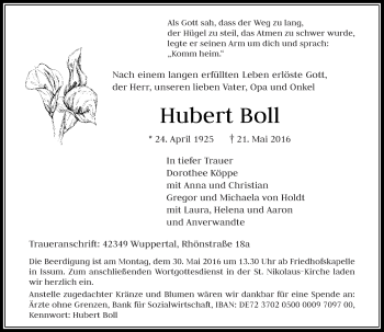 Todesanzeige von Hubert Boll von Rheinische Post