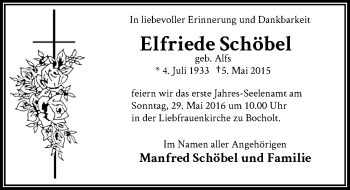 Todesanzeige von Elfriede Schöbel von Rheinische Post