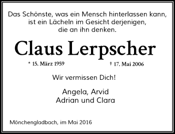 Todesanzeige von Claus Lerpscher von Rheinische Post
