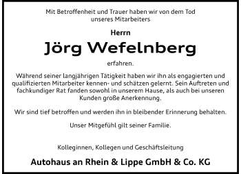 Todesanzeige von Jörg Wefelnberg von Rheinische Post