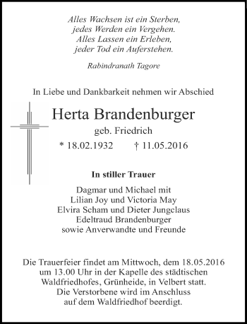 Todesanzeige von Herta Brandenburger von Rheinische Post