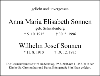 Todesanzeige von Anna Maria Elisabeth und Wilhelm Josef Sonnen von Rheinische Post