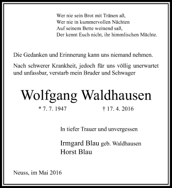 Todesanzeige von Wolfgang Waldhausen von Rheinische Post