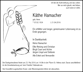 Todesanzeige von Käthe Hamacher von Rheinische Post