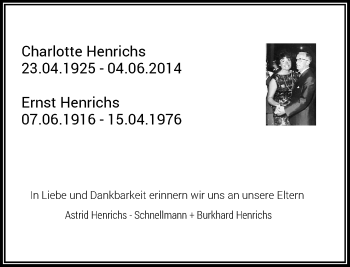 Todesanzeige von Charlotte und Ernst Henrichs von Rheinische Post