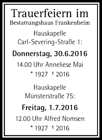 Todesanzeige von Trauerfeiern  von Rheinische Post