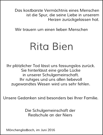Todesanzeige von Rita Bien von Rheinische Post