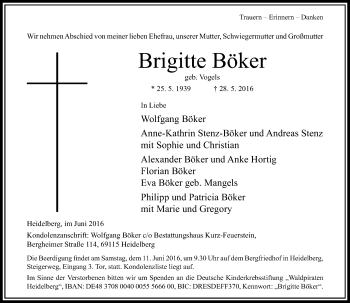 Todesanzeige von Brigitte Böker von Rheinische Post
