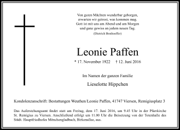 Todesanzeige von Leonie Paffen von Rheinische Post