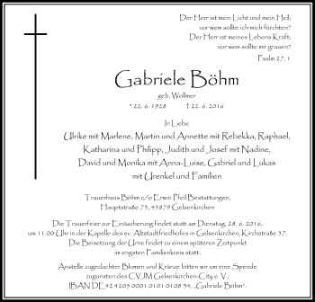 Todesanzeige von Gabriele Böhm von Rheinische Post