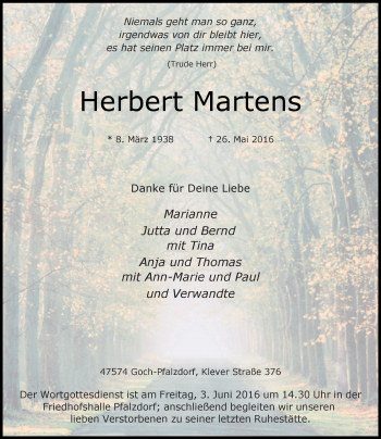 Todesanzeige von Herbert Martens von Rheinische Post