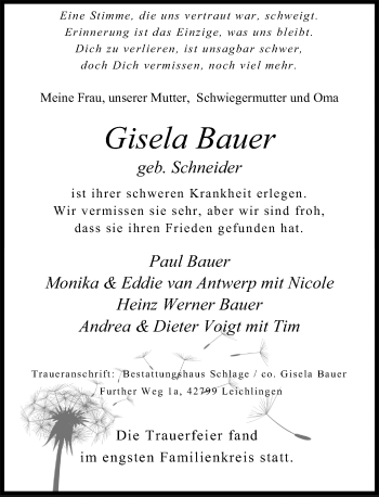 Todesanzeige von Gisela Bauer von Rheinische Post