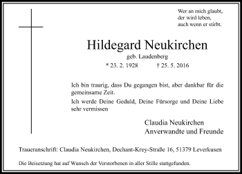 Todesanzeige von Hildegard Neukirchen von Rheinische Post