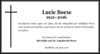 Todesanzeige von Lucie Boese von Rheinische Post